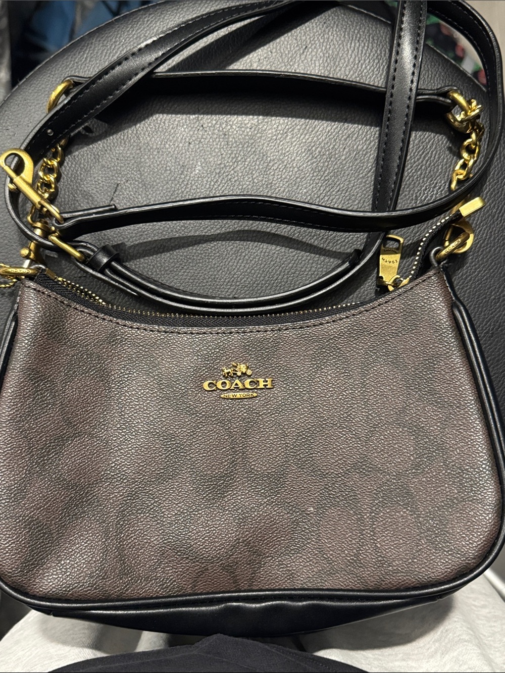Coach Brown Pebbled Leather Crossbody with Black Strap and Gold Hardware